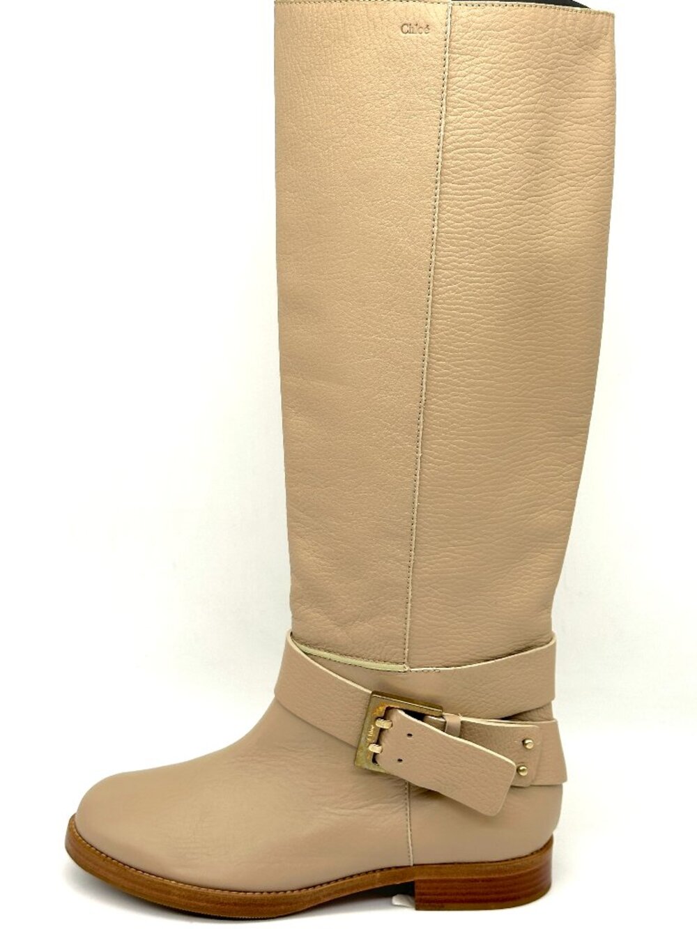 Chloe Erin Prince Leather Buckled Knee High Tall Riding Flat Boots Neutral